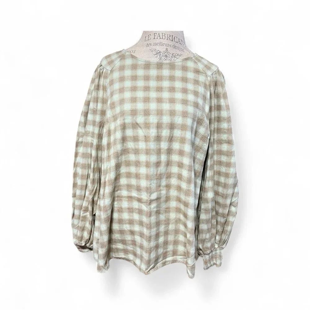 Ava & Viv Long Sleeve Checkered Plaid Shirt Elastic Wrists Green Tan Size XL